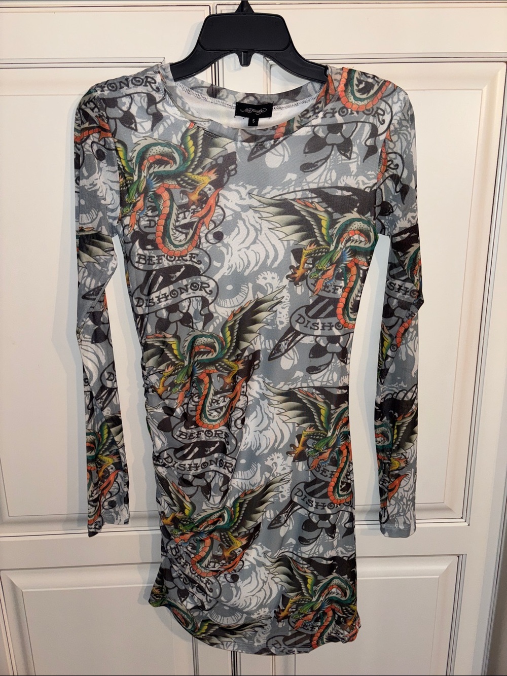 Ed Hardy Gray Dragon Print Long Sleeve Bodycon Dress